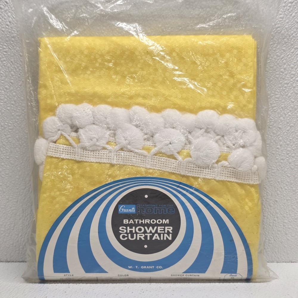 Vintage Grants Bathroom Pom Pom Vinyl Shower Curtain Sun Yellow Jewel Style